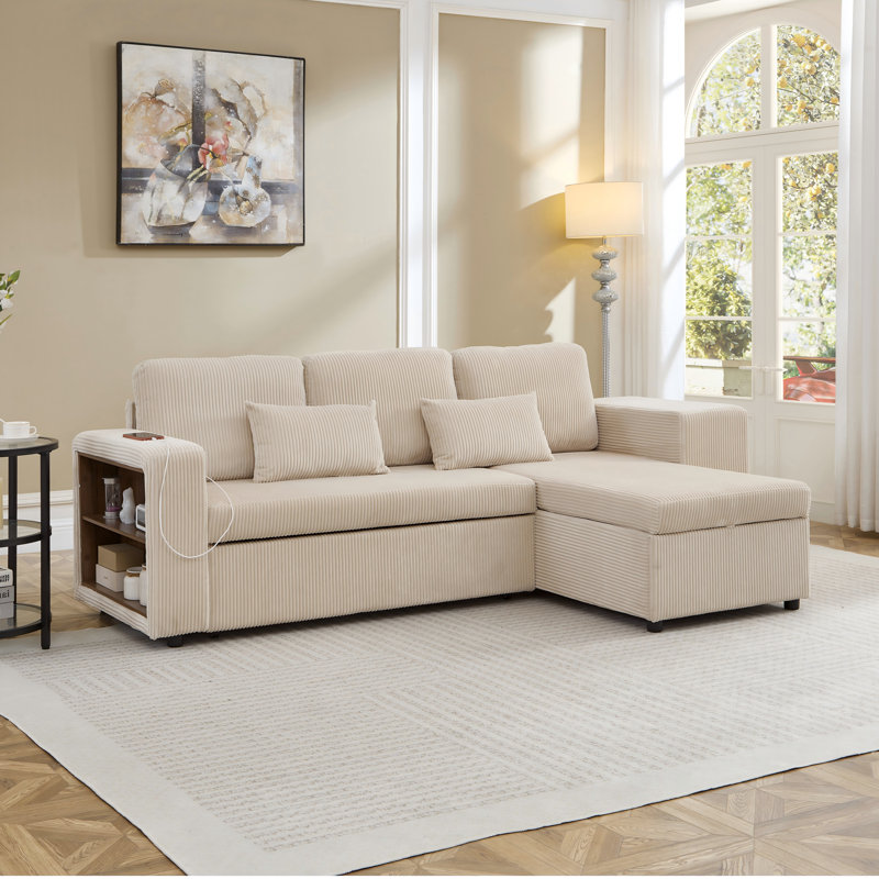 L-shaped Convertible Sofa Bed With Storage Chaise, Beige
