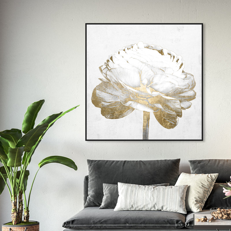 White Love Peony - peinture sur toile, H 40 po x l 40 po, Toile encadrée noire