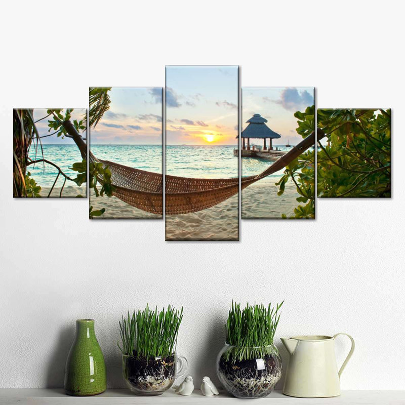 Maldives Beach Hamac Wall Art, ensemble de 5 reproductions sur toiles 5 pièces, H 24 po x l 55 po x P 1,25 po