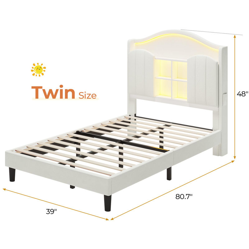 Twin Bed With Upholstered Storage Headboard, Princess Twin Platform Bed With Led Lights & Charging Station,No Box Spring Needed,Noise-Free