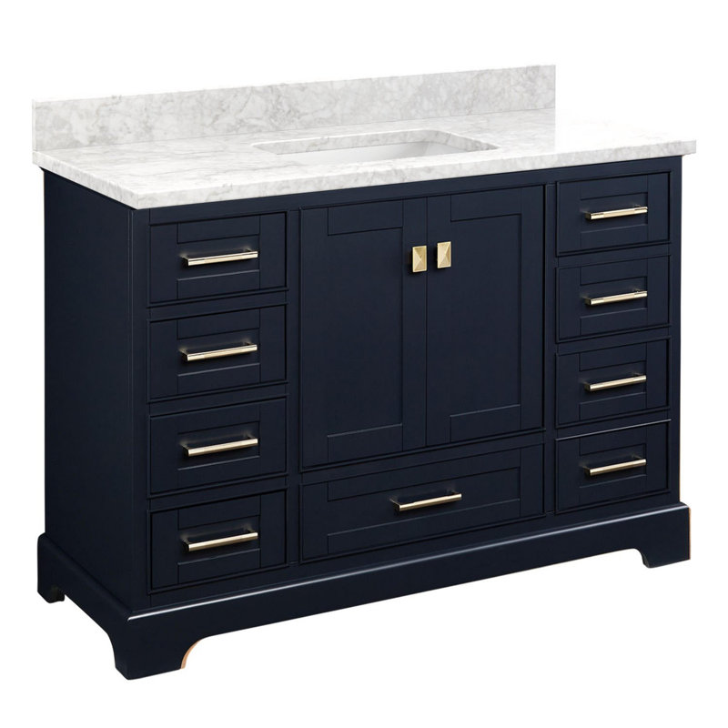 Quen 48" Freestanding Single Basin Vanity Set with Cabinet, Vanity Top, Carrara Marble, Midnight Navy Blue, No Faucet Holes