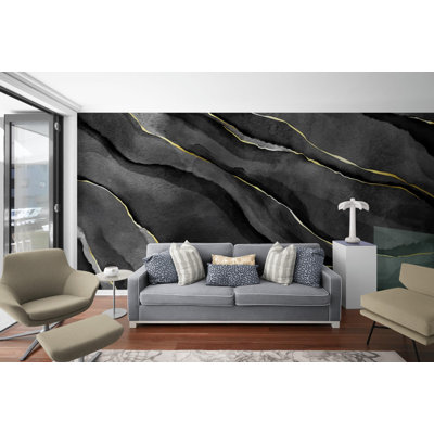 Black Marble Style Wallpaper Wall Mural, Natural Stone Mural with Gold Shades, Peel and Stick Wallpaper for Bedroom, Living Room, Entryway, Suitable For All Textured Walls