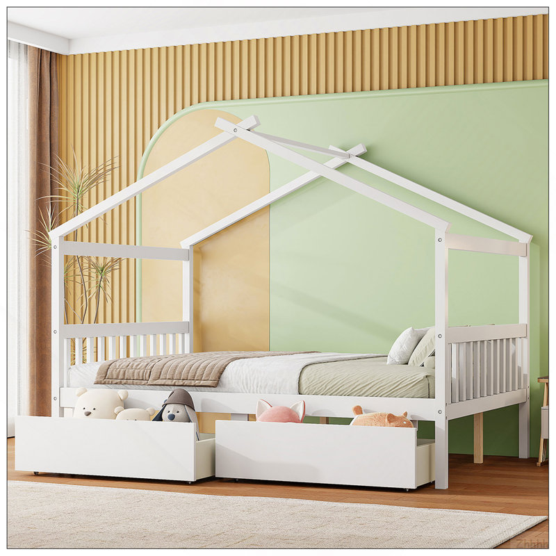Lit double en bois avec tiroirs, blanc, White