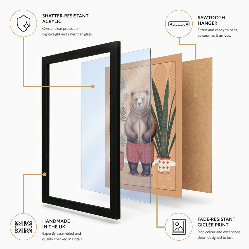 Bear Among Plants Mid-Century - Framed Print, A2 - 59.4 x 42.0 cm, Walnut