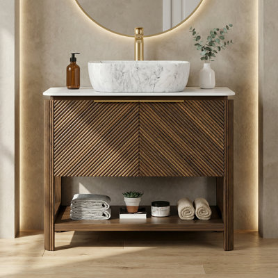 Linea 36" Freestanding Bathroom Vanity with 3D Textured Wood Veneer Doors, Carrara White Sintered Stone Top & Volakas Vessel Sink