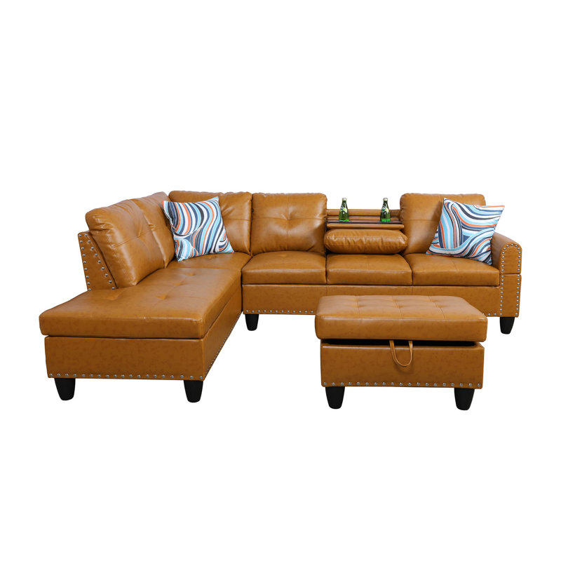Ensemble de canapé de salon modulaire 3 pièces Eden Ginger, Similicuir jaune, Orienté à gauche (vu de face)