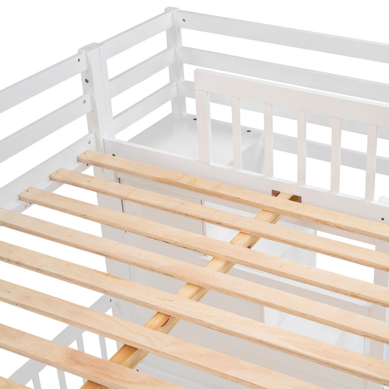 Lit superposé blanc avec espace de rangement et bureau supplémentaire - Organisez votre chambre à coucher efficacement sur des tiroirs simples dans un espace de transformation