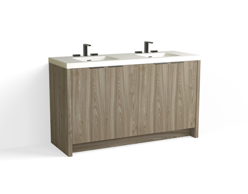 Mesa 60" W Freestanding Double Bathroom Vanity , White Matte, Charred/Polished Nickel, 8" Widespread