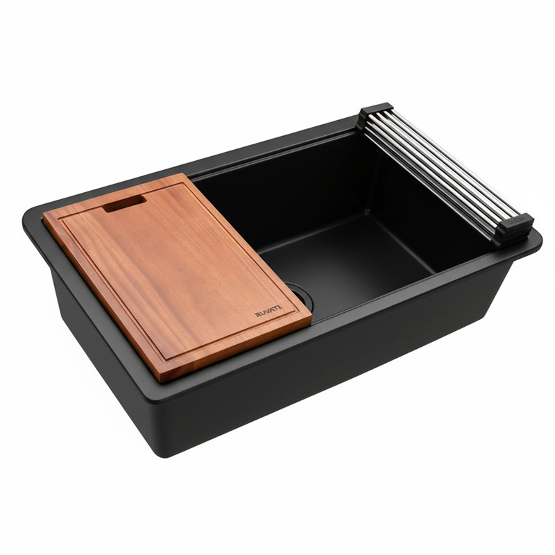 Ruvati 32-inch Granite Composite Quartz Workstation Undermount Single Bowl Kitchen Sink, Matte Black