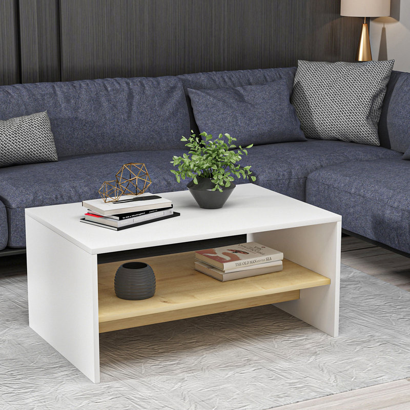 Table basse avec rangement Cozad, Blanc / chêne saphir