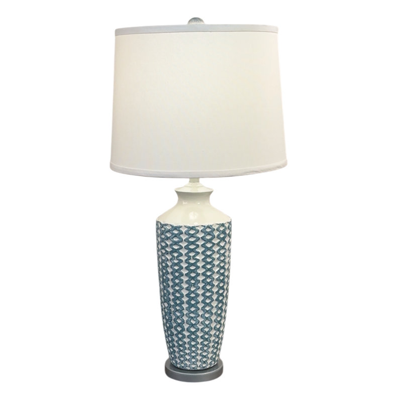 Lampe de table vase en tissage de panier bleu marine / ivoire, Crème, crème