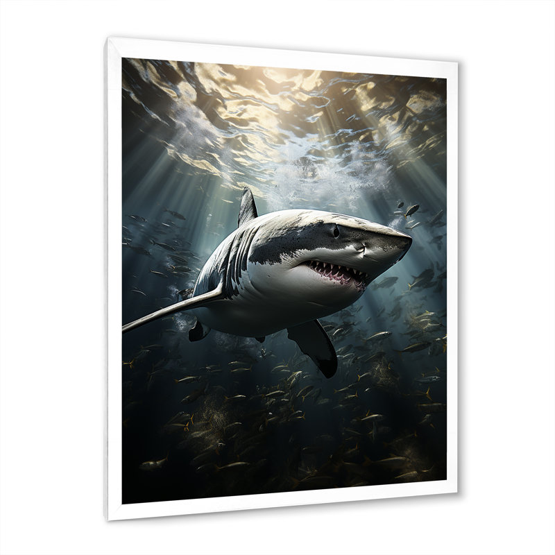 Grey Shark The Majesty - Marine Animals Large Wall Art, White Single Picture Framed, 32" H x 24" W x 1" D