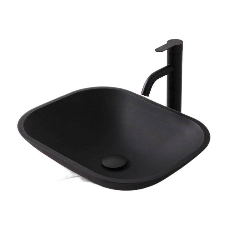 Ensemble de lavabo vasque en verre trempé noir mat 18 po, lavabo de salle de bain rectangulaire au-dessus du comptoir arrondi avec robinet et drain noirs