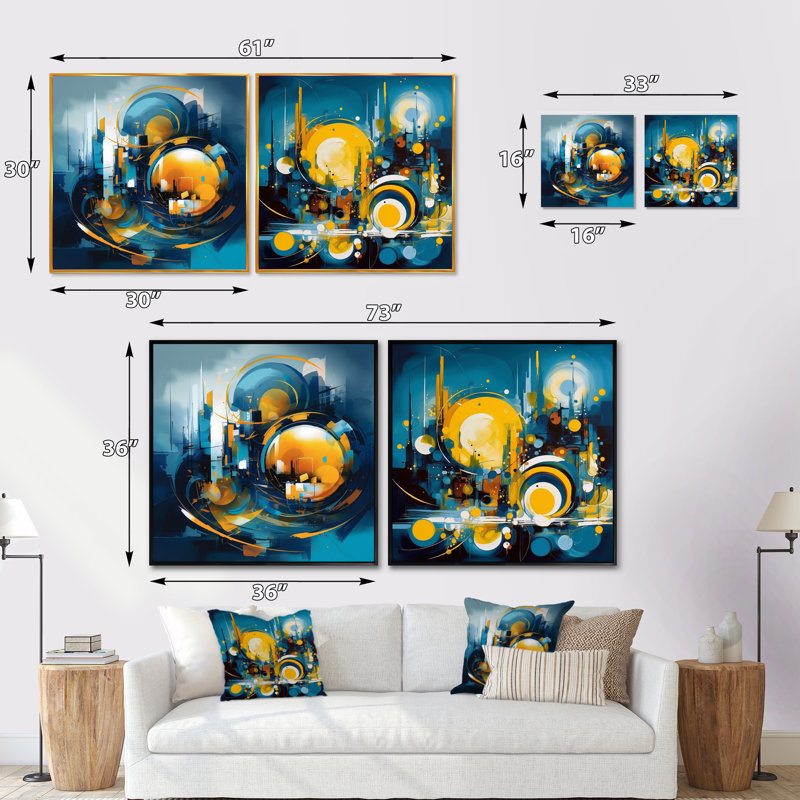 Ensemble de 2 collages carrés en marbre bleu et jaune, Cadre flottant doré, H 30 po x l 61 po