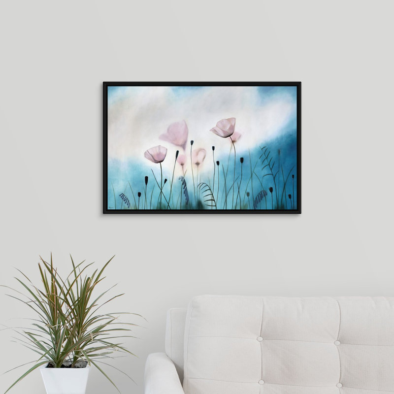 « gossamer prières », peinture sur toile, Cadre flottant noir, H 17,7 po x l 25,7 po x p 1,75 po