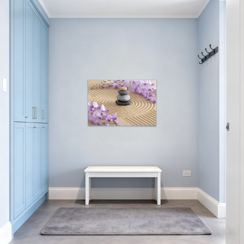 Pierres de jardin zen et fleurs mauves, H 20 po x l 30 po