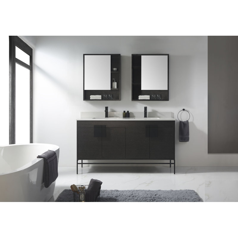 Ensemble de meuble-lavabo double 60 po Tortola, Noir mat, Chêne noir à grain droit
