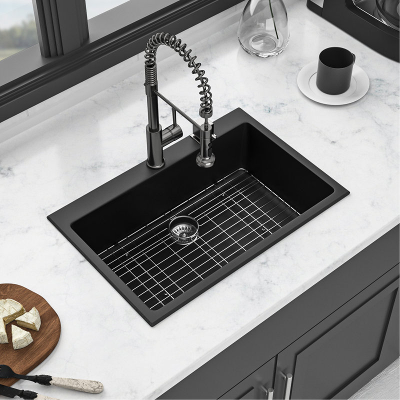 33X22" Black Quartz Composite Sink, And Surface Granite Kitchen Sink 33X22", Smooth Operation