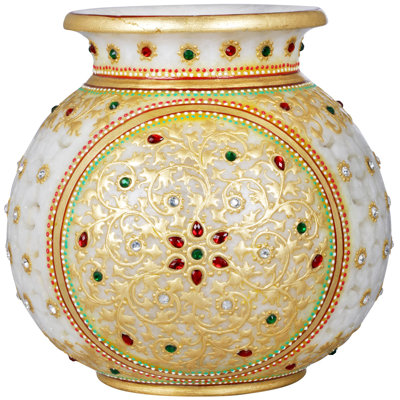 Support à thé 6 po en marbre blanc - Vase en pierre fabriqué à la main avec découpes florales et accents dorés