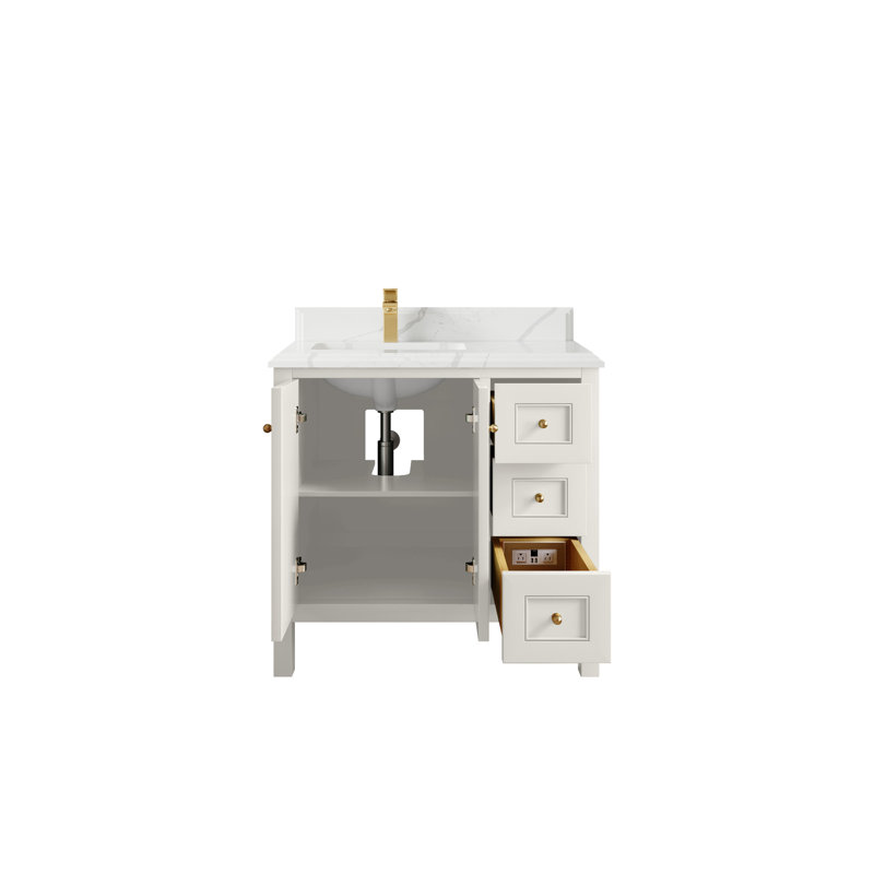 Nashville X P 22 po D Meuble-lavabo de salle de bain décalé gauche avec quartz Cove Edge, Or brossé, Albâtre, Calacatta Laza