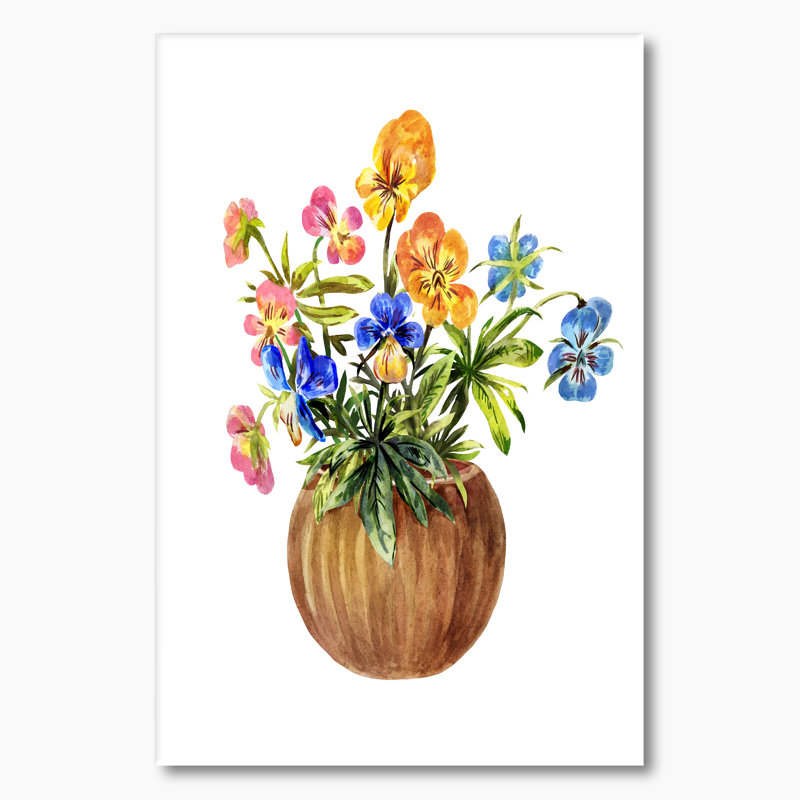 «Brown Pot with Blossoming Pansies», peinture sur toile, H 32 po x l 16 po x P 1 po, Toile tendue
