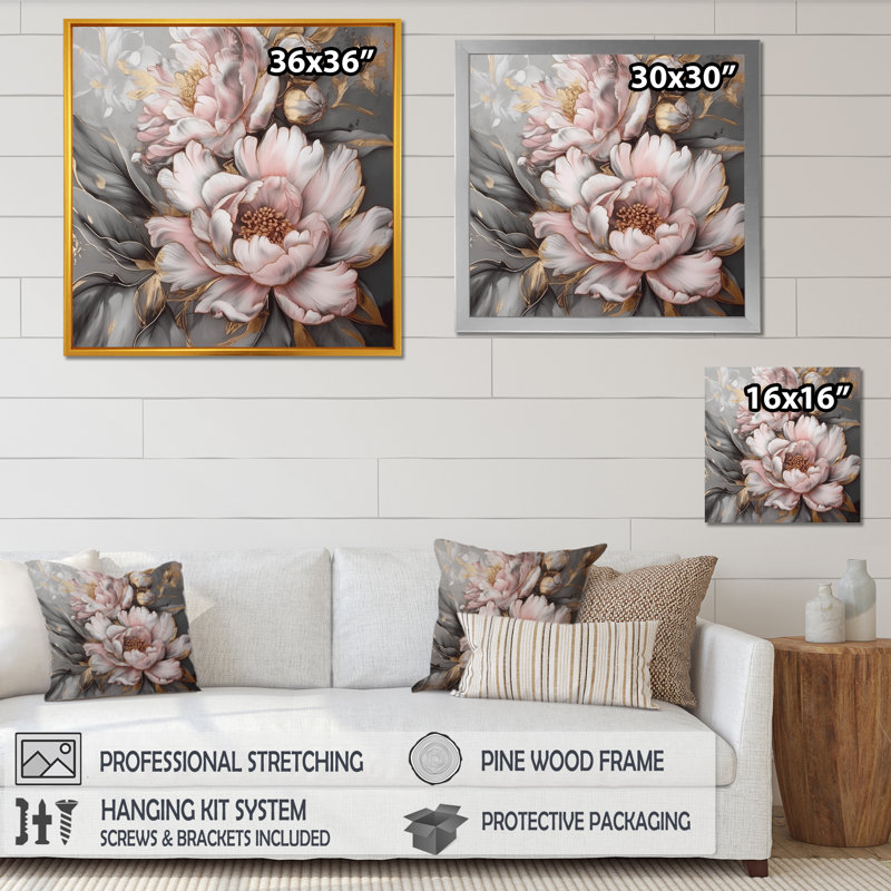 Rose et gris pivoines élégantes I - pivoines, art mural encadré, H 24 po x l 24 po, Cadre flottant noir