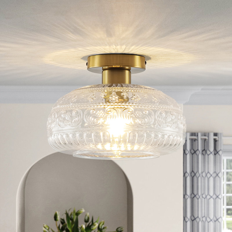 Moncia 1-Light 11" Embossed Glass Semi-Flush Mount Ceiling Light for Hallway Entryway, Polished Brass