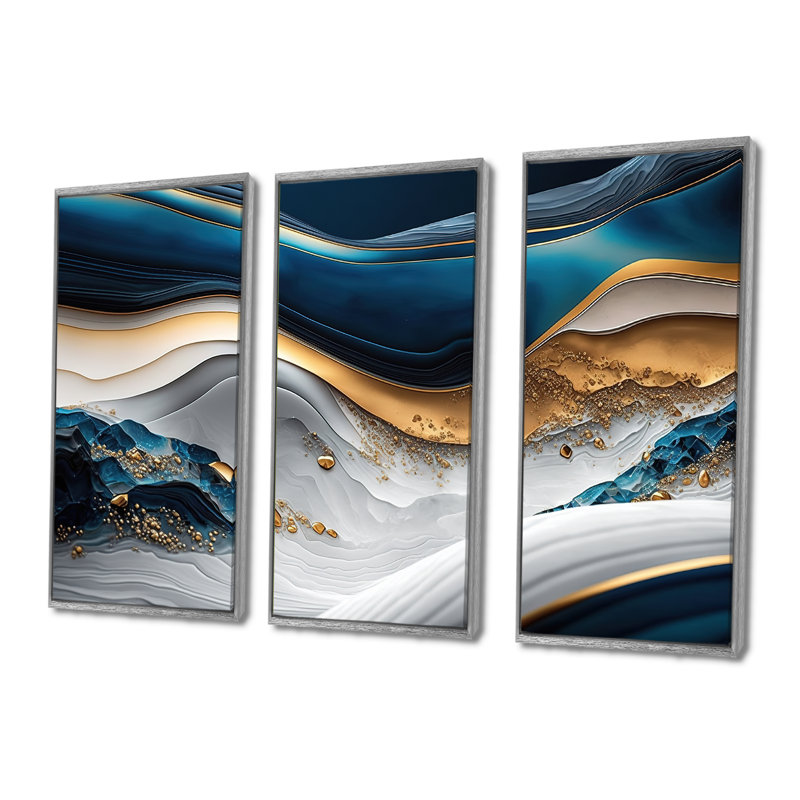 «Abstract Geode Waves Blue II», reproduction sur toile 3 pièces, H 40 po x l 60 po x P 1 po, Silver Floater Framed