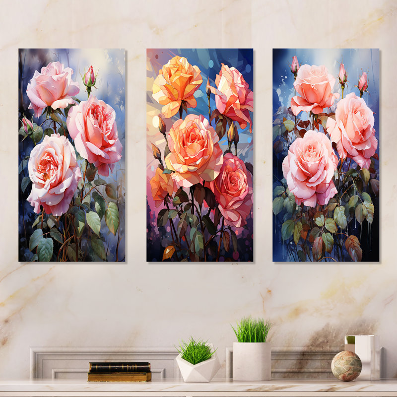 Ensemble de salon avec 3 fleurs roses avec courbes gracieuses - roses, H 28 po x l 36 po, Toile tendue