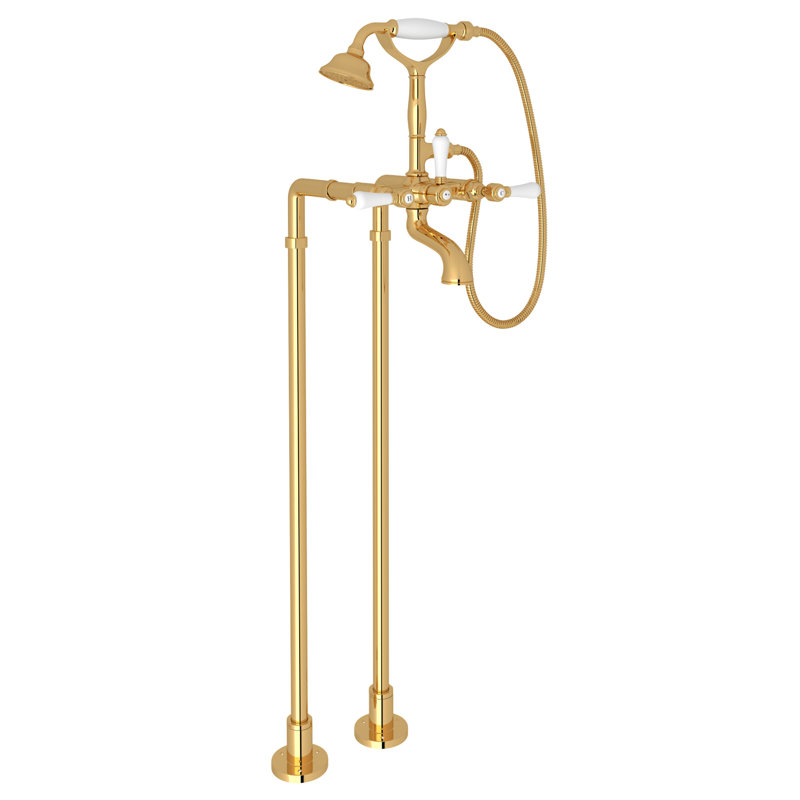 Acqui Floor Mount Tub Filler, Polished Nickel, Porcelain Lever Handle