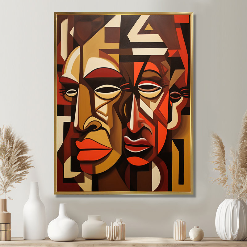 Nostalgia Kushite Geometric Double Portrait - Masque africain, art mural, Cadre flottant doré, H 32 po x l 16 po x P 1 po