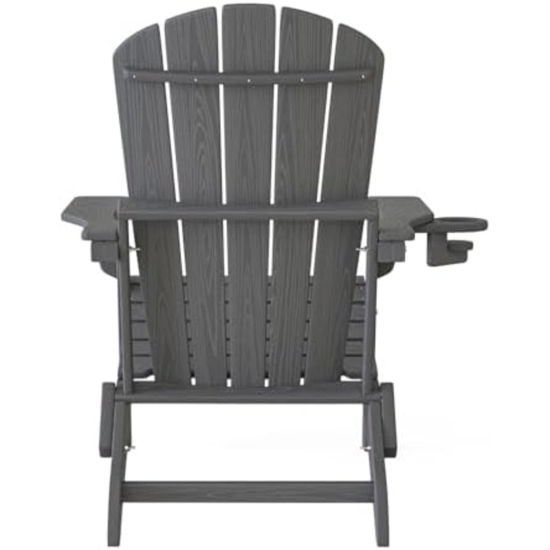 Folding Adirondack Chair, SGS Tested, Wooden Textured With Cup Holder, Heavy All-Weather HDPE Comfortable Set Poolside Backyard Lawn Grey Set 2