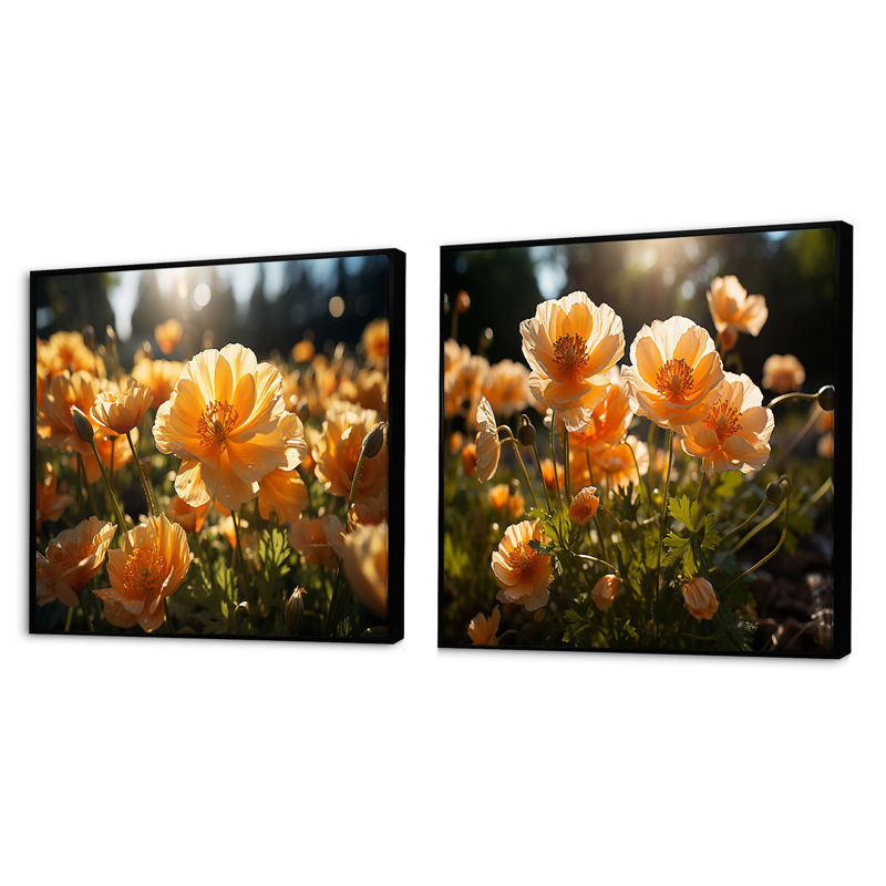 Buttercups Field Vibrant - Ensemble de 2 collages floraux carrés, Cadre flottant noir, H 30 po x l 61 po