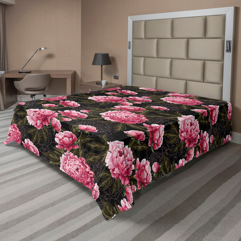 Ambesonne Tropical Flat Sheet Exotics Leafy Pattern Art California, Queen Flat Sheet, Pink/Olive Green Floral
