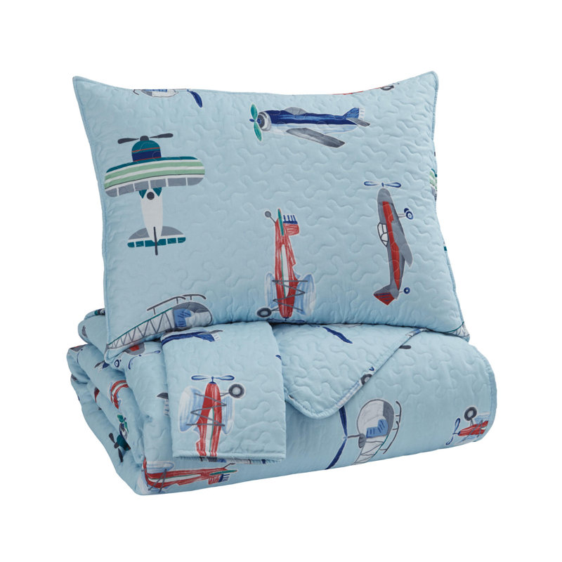 Blue Airplane Microfiber Full Quilt Set for Kids
