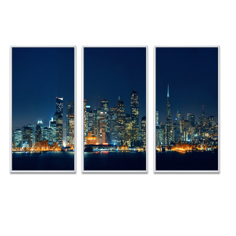 «San Francisco Skyline At Night - Cityscape», ensemble d'art mural sur toile encadré, Cadre flottant blanc