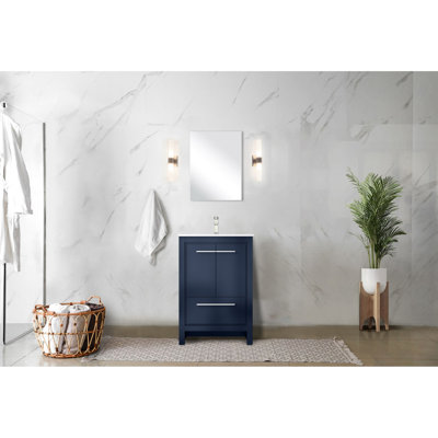 Navy Blue 24In. W X 20In. D Bath Vanity With White Quartz Top & 18In. Mirror - Soft Close, Scratch And Stain , Abundant Interior Storage 24" 20" Bathroom Surface 18" Stain-, Spacious