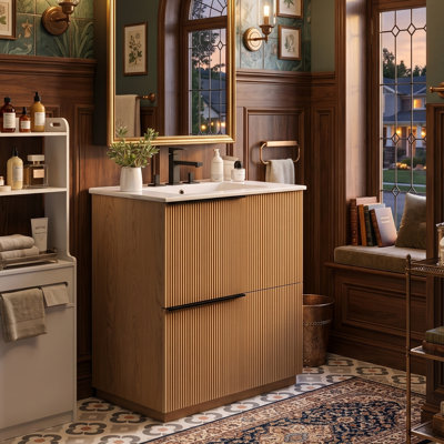 Meuble-lavabo de salle de bain cannelé 30 po avec évier intégré en céramique, armoire de rangement en panneau de fibres à densité moyenne avec tiroirs à fermeture en douceur (vert / naturel)