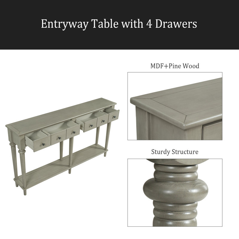 Table d'entrée avec 4 tiroirs, console rétro avec tablette ouverte pour les entrées, les salons et les couloirs, Gris délavé