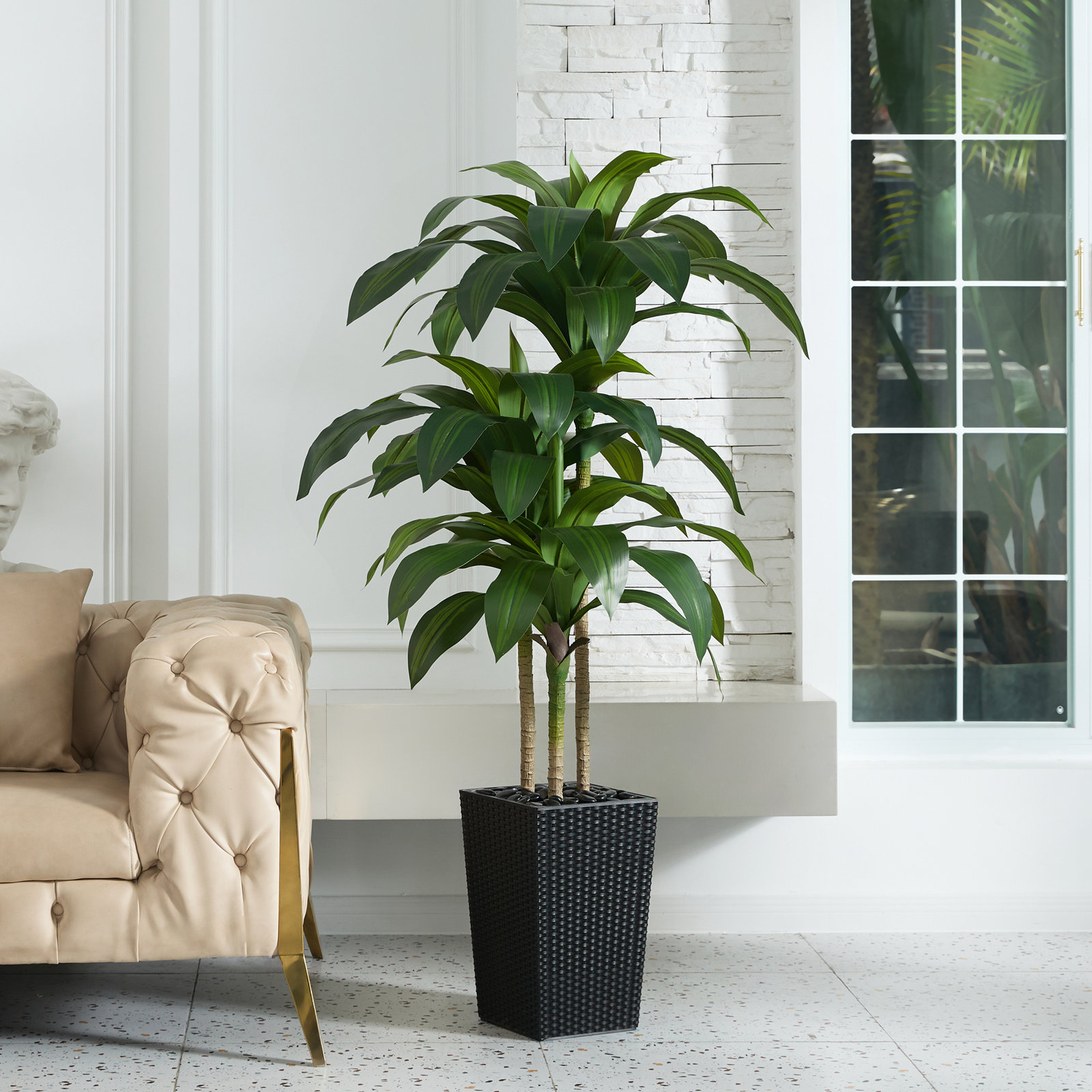 Adcock UV Resistant Artificial Green Dracaena Tree, Faux Tree with Large Base for Indoor Outdoor, Black