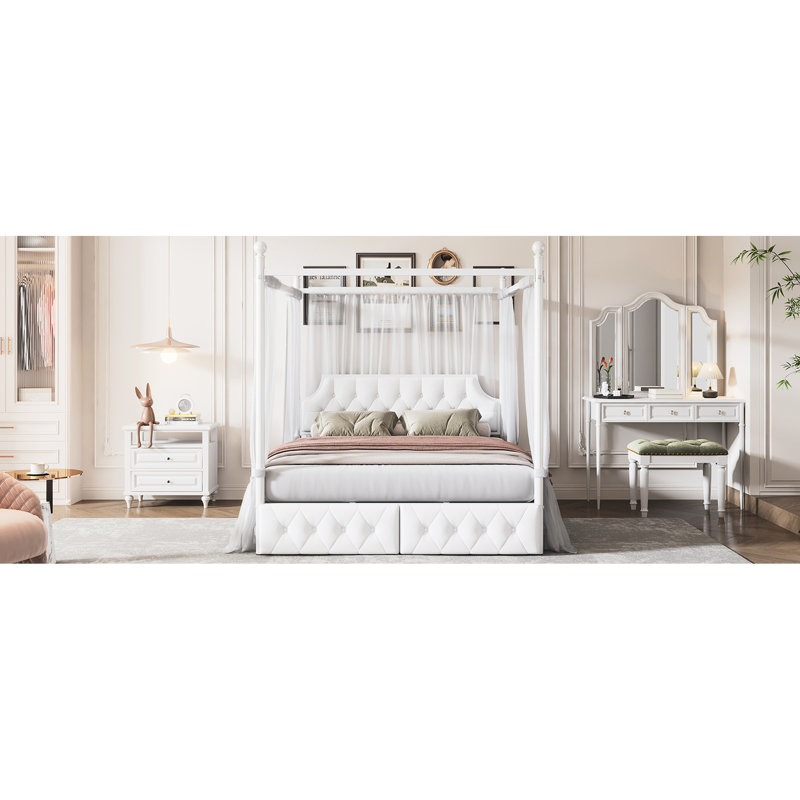White Queen Size Canopy Platform Bed With Upholstered Headboard And Two Storage Pockets, Inviting Metal & 2 Unit Drawers,