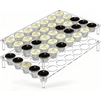 Plateau de rangement transparent pour dosettes de café en acrylique transparent, paquet de 2 fentes de 35 emplacements pour le comptoir ou l'armoire, s'adapte aux dosettes Keurig standard et à la plupart des machines