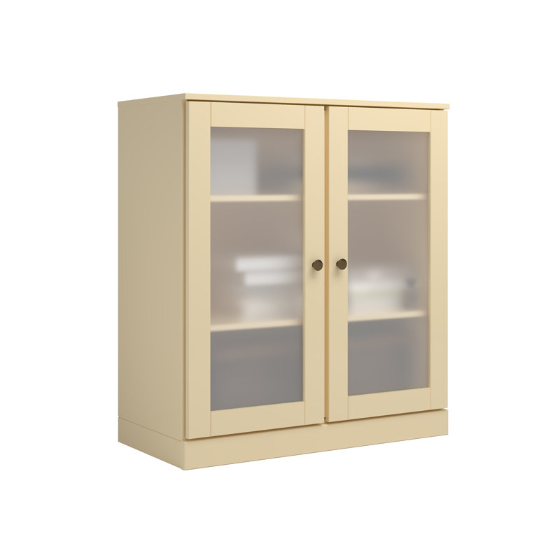Meuble télé 100% bois massif avec portes en verre givré et tablettes réglables pour téléviseur de 32 po ou moins, Jaune
