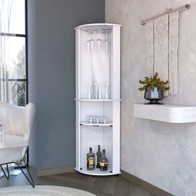 Armoire de bar d'angle blanche à 3 niveaux avec support en verre