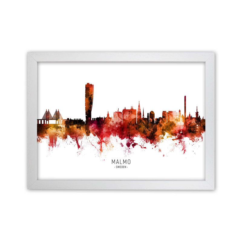 Malmo Sweden Skyline Red City Name by Michael Tompsett - Print, White Framed, 29.7cm H x 42cm W x 3cm D