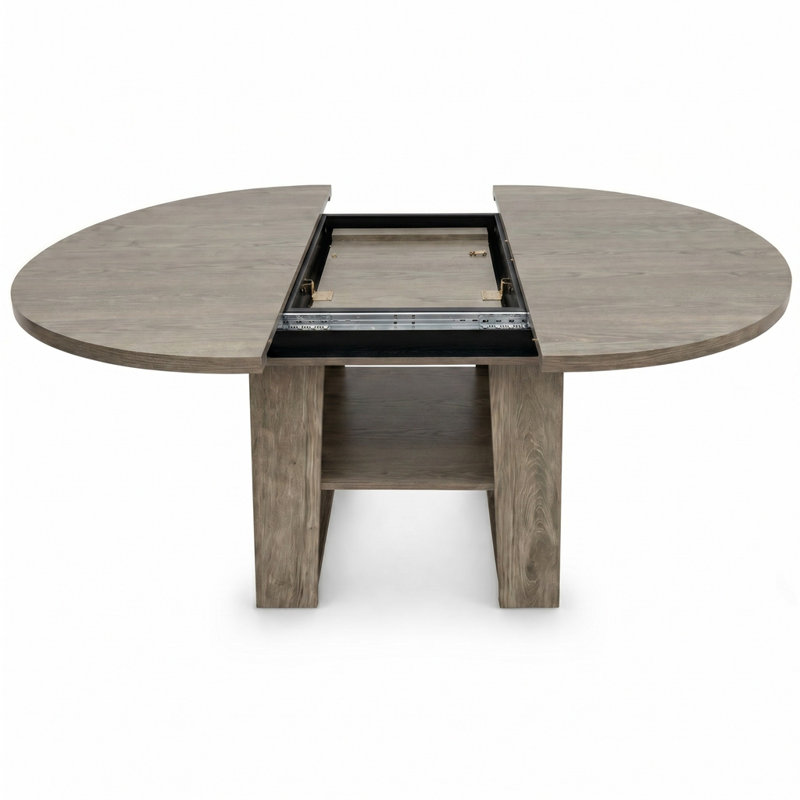 Table de salle à manger extensible ronde pour 4-6, table de cuisine ronde à ovale avec rallonge rabattable intégrée, base stable en H et tablette de rangement