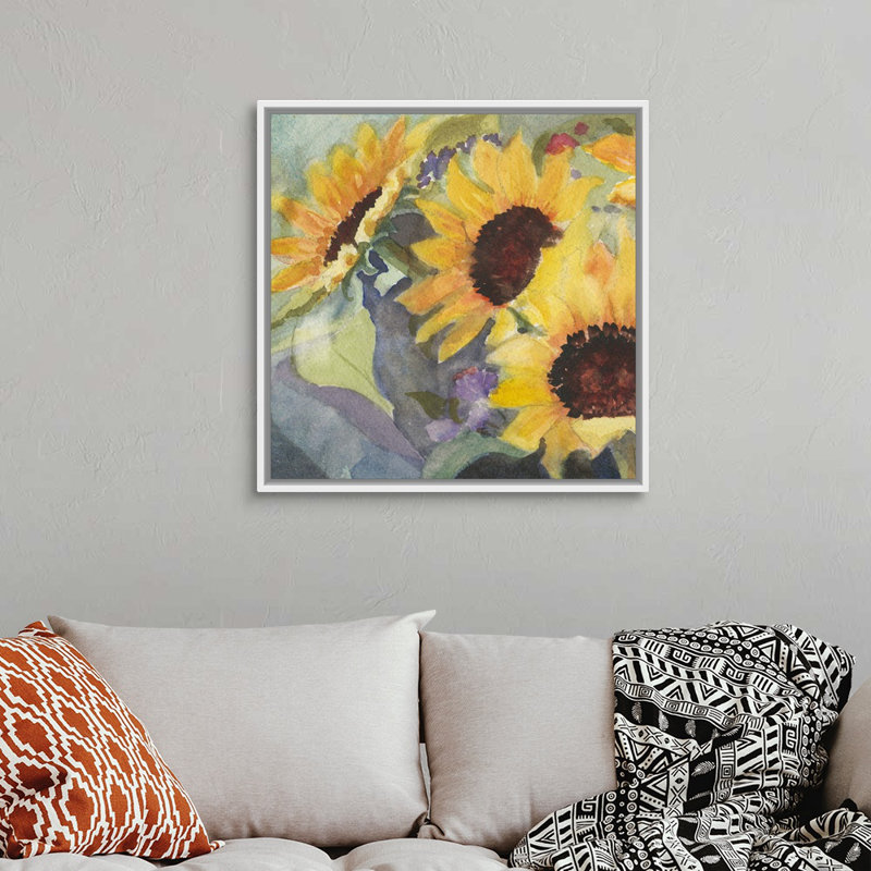 «Sunflowers In Watercolor I», art mural sur toile, Cadre blanc, H 30 po x l 30 po x P 1,75 po