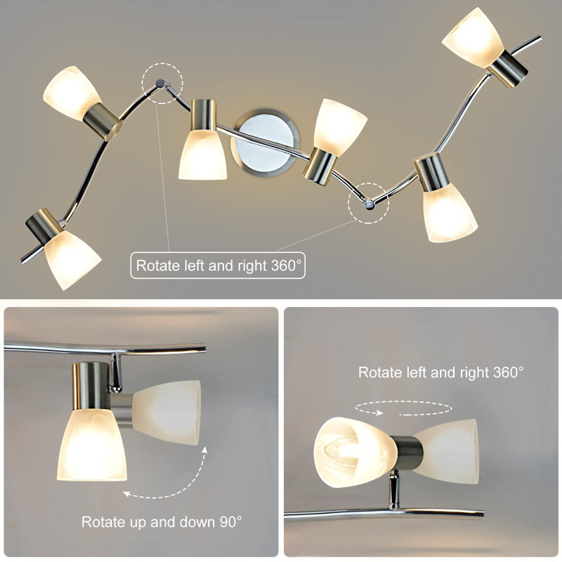 6-Light Flexible Track Lighting Rail, Modern Directional Led Spot Ceiling Light Fixture With Glass Shade, E12 Base, Brush Steel