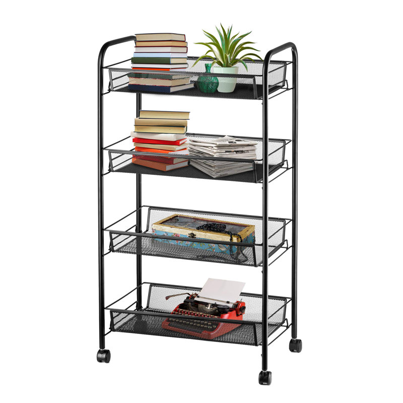 Black 4-Tier Metal Mesh Rolling Storage Cart with Wheels