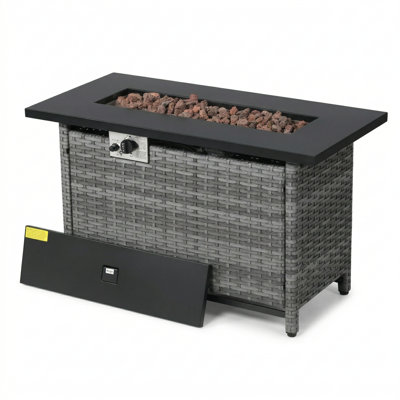 41 Inch Propane Fire Pit Table, 2-in-1 Outdoor Wicker Fire Table With Lid, 60,000 Btu Csa Certified Rectangular Patio Fire Pit Table For Deck, Porch, Backyard, Rain Cover & Lava Rock Included, Gray